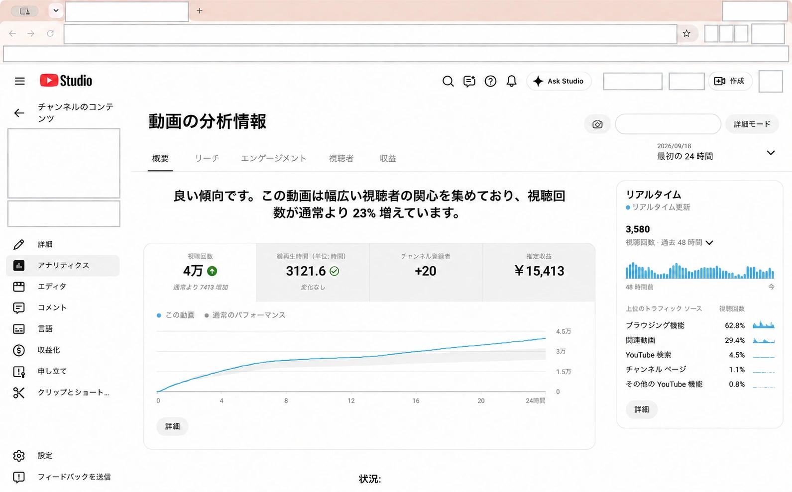 YouTube Studio実画面の例｜特定情報を隠して、数値とグラフを見る