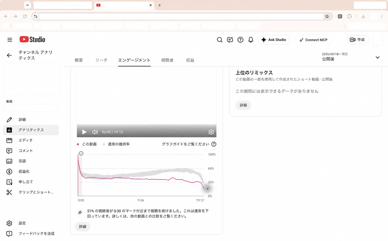 YouTube Studio視聴者維持率の実画面例｜特定情報を隠してグラフを見る